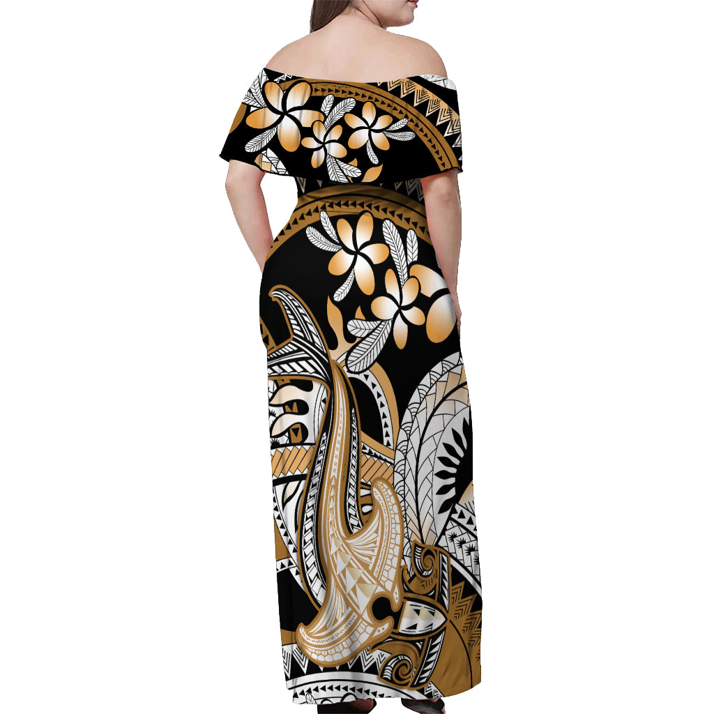 Gold Polynesian Hammerhead Shark Tattoo Off Shoulder Maxi Dress Royal Plumeria Gradient Vibes LT14 - Polynesian Pride