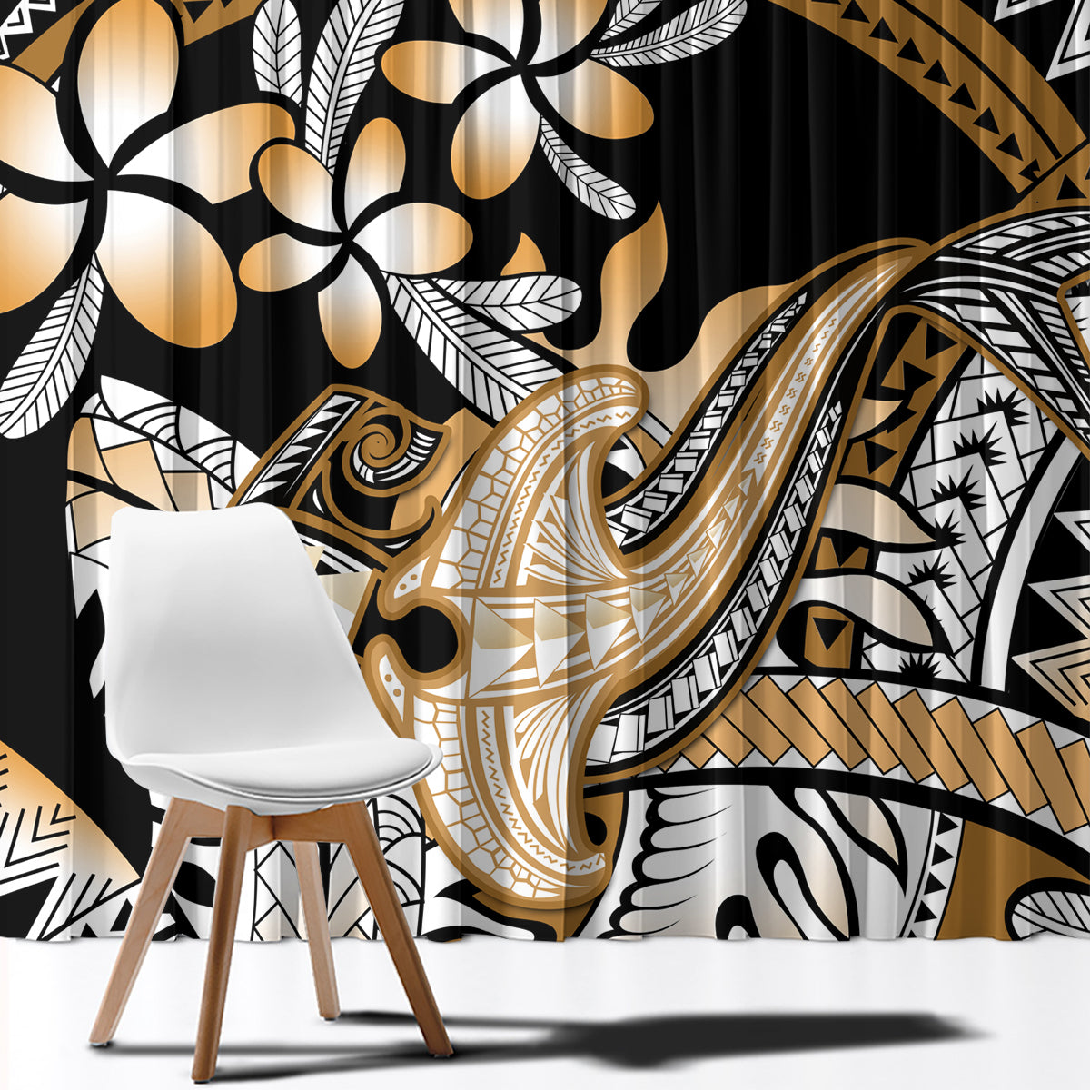 Gold Polynesian Hammerhead Shark Tattoo Window Curtain Royal Plumeria Gradient Vibes LT14 - Polynesian Pride