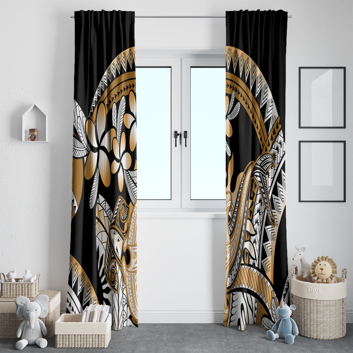 Gold Polynesian Hammerhead Shark Tattoo Window Curtain Royal Plumeria Gradient Vibes LT14 - Polynesian Pride