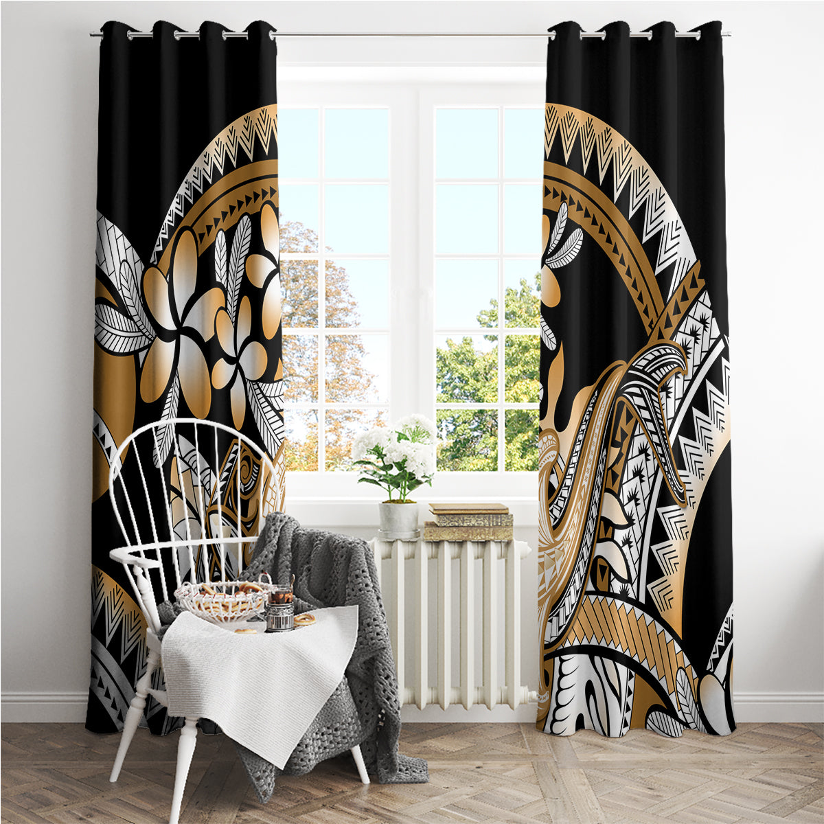 Gold Polynesian Hammerhead Shark Tattoo Window Curtain Royal Plumeria Gradient Vibes LT14 - Polynesian Pride