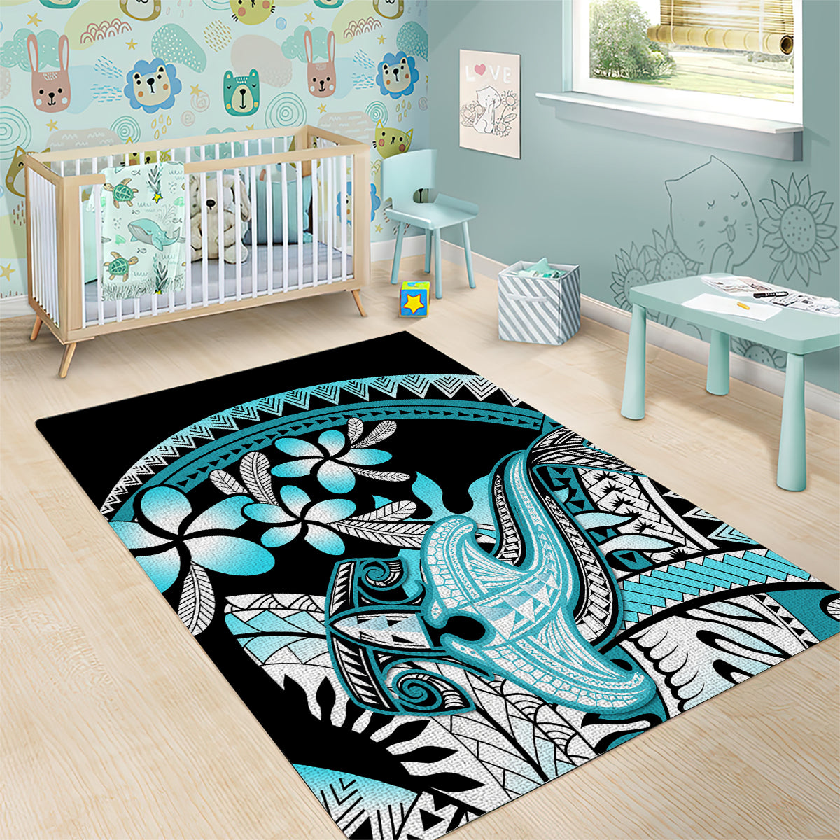 Turquoise Polynesian Hammerhead Shark Tattoo Area Rug Royal Plumeria Gradient Vibes LT14 - Polynesian Pride