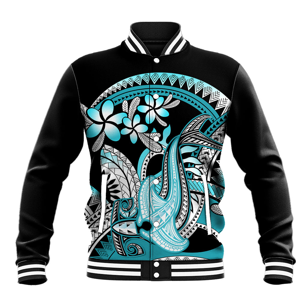Turquoise Polynesian Hammerhead Shark Tattoo Baseball Jacket Royal Plumeria Gradient Vibes LT14 Unisex Turquoise - Polynesian Pride