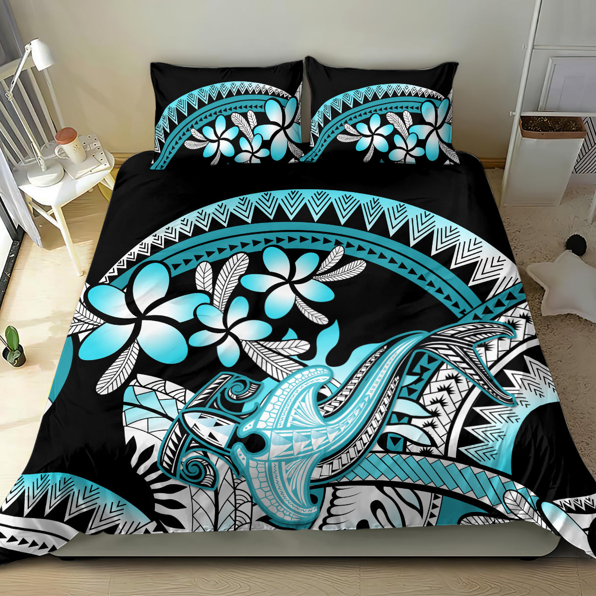 Turquoise Polynesian Hammerhead Shark Tattoo Bedding Set Royal Plumeria Gradient Vibes LT14 - Polynesian Pride