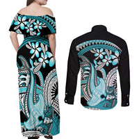 Turquoise Polynesian Hammerhead Shark Tattoo Couples Matching Off Shoulder Maxi Dress and Long Sleeve Button Shirt Royal Plumeria Gradient Vibes LT14 - Polynesian Pride