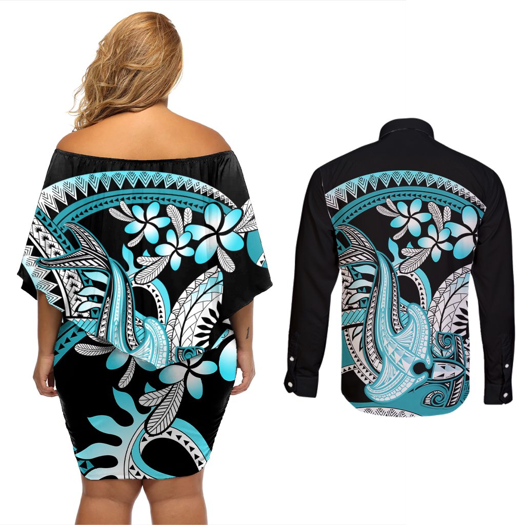 Turquoise Polynesian Hammerhead Shark Tattoo Couples Matching Off Shoulder Short Dress and Long Sleeve Button Shirt Royal Plumeria Gradient Vibes LT14 - Polynesian Pride