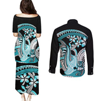 Turquoise Polynesian Hammerhead Shark Tattoo Couples Matching Puletasi and Long Sleeve Button Shirt Royal Plumeria Gradient Vibes LT14 - Polynesian Pride