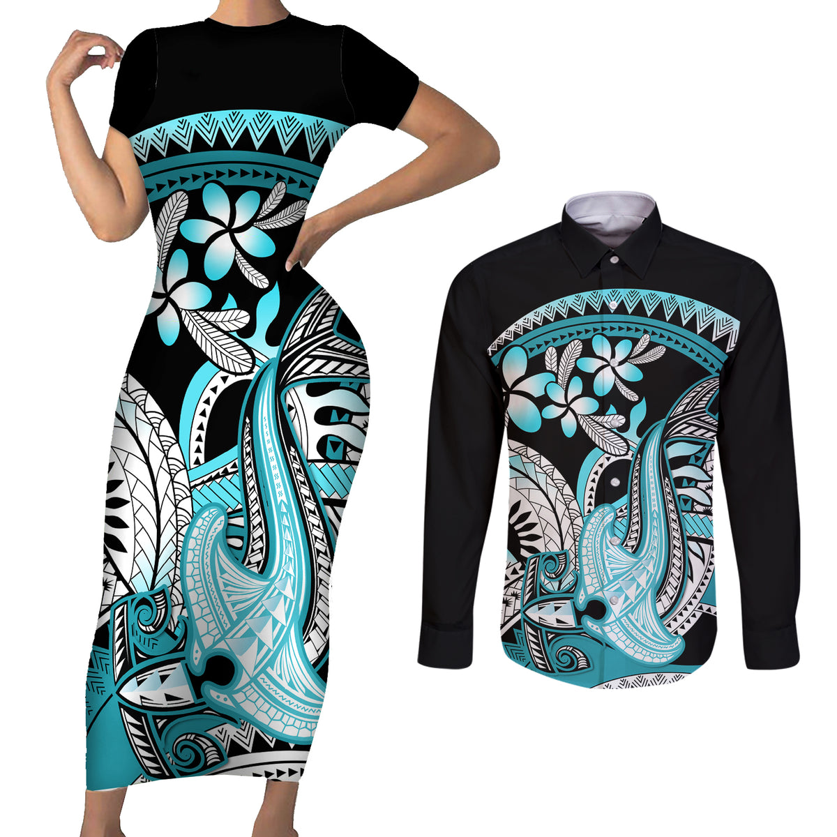 Turquoise Polynesian Hammerhead Shark Tattoo Couples Matching Short Sleeve Bodycon Dress and Long Sleeve Button Shirt Royal Plumeria Gradient Vibes LT14 Turquoise - Polynesian Pride