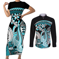 Turquoise Polynesian Hammerhead Shark Tattoo Couples Matching Short Sleeve Bodycon Dress and Long Sleeve Button Shirt Royal Plumeria Gradient Vibes LT14 Turquoise - Polynesian Pride