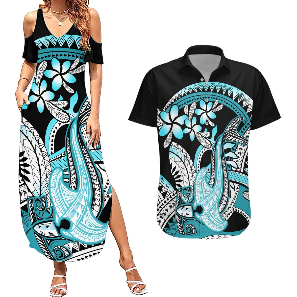 Turquoise Polynesian Hammerhead Shark Tattoo Couples Matching Summer Maxi Dress and Hawaiian Shirt Royal Plumeria Gradient Vibes LT14 Turquoise - Polynesian Pride