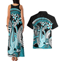 Turquoise Polynesian Hammerhead Shark Tattoo Couples Matching Tank Maxi Dress and Hawaiian Shirt Royal Plumeria Gradient Vibes LT14 - Polynesian Pride