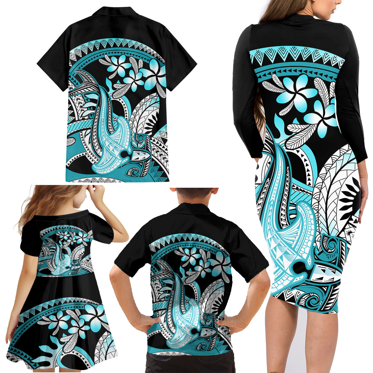 Turquoise Polynesian Hammerhead Shark Tattoo Family Matching Long Sleeve Bodycon Dress and Hawaiian Shirt Royal Plumeria Gradient Vibes LT14 - Polynesian Pride