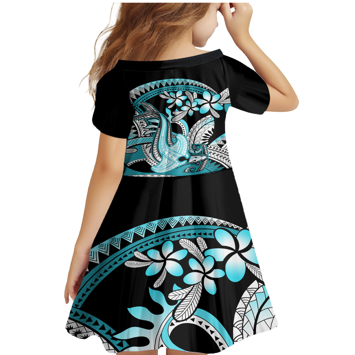 Turquoise Polynesian Hammerhead Shark Tattoo Family Matching Mermaid Dress and Hawaiian Shirt Royal Plumeria Gradient Vibes LT14 - Polynesian Pride