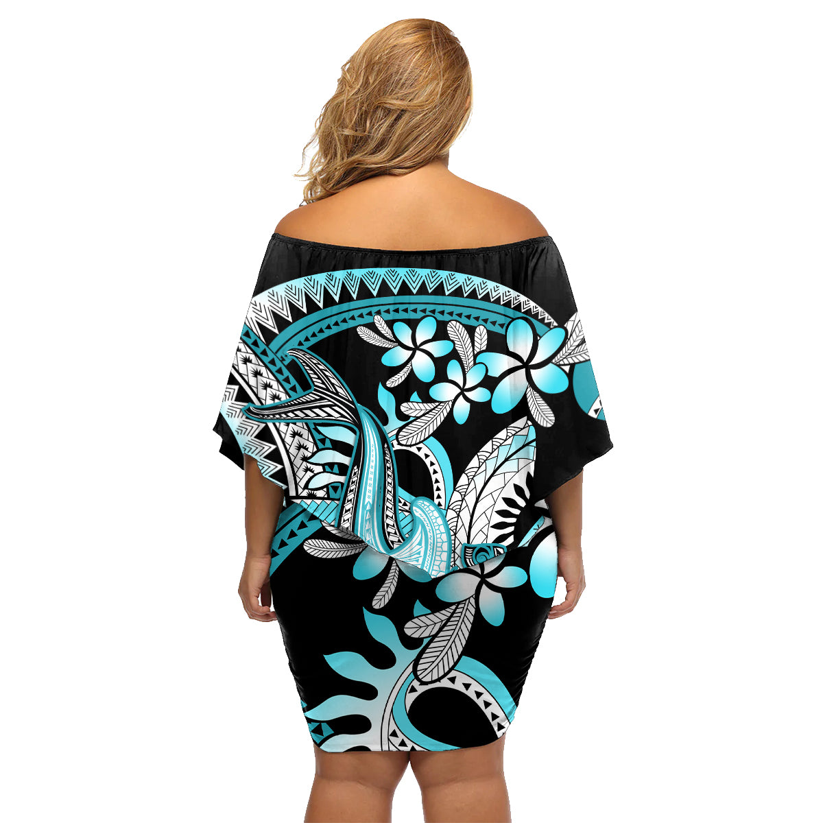 Turquoise Polynesian Hammerhead Shark Tattoo Family Matching Off Shoulder Short Dress and Hawaiian Shirt Royal Plumeria Gradient Vibes LT14 - Polynesian Pride