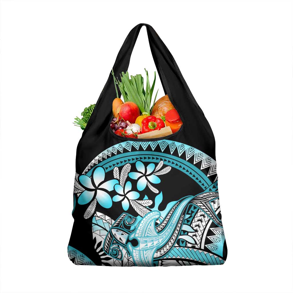 Turquoise Polynesian Hammerhead Shark Tattoo Grocery Bag Royal Plumeria Gradient Vibes