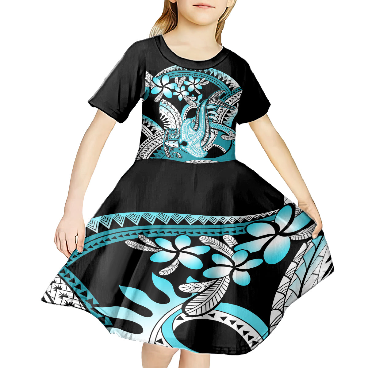 Turquoise Polynesian Hammerhead Shark Tattoo Kid Short Sleeve Dress Royal Plumeria Gradient Vibes LT14 - Polynesian Pride