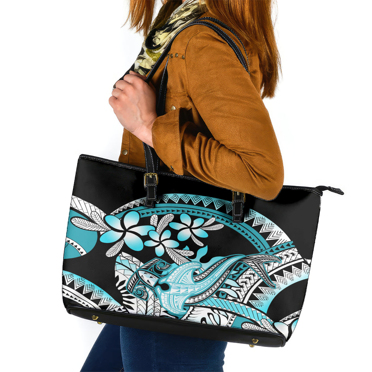 Turquoise Polynesian Hammerhead Shark Tattoo Leather Tote Bag Royal Plumeria Gradient Vibes LT14 Turquoise - Polynesian Pride