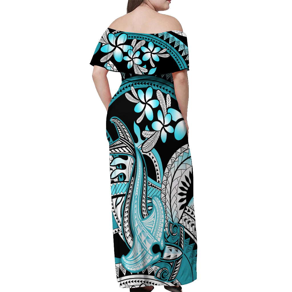 Turquoise Polynesian Hammerhead Shark Tattoo Off Shoulder Maxi Dress Royal Plumeria Gradient Vibes LT14 - Polynesian Pride