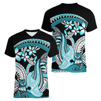 Turquoise Polynesian Hammerhead Shark Tattoo Women V Neck T Shirt Royal Plumeria Gradient Vibes LT14 - Polynesian Pride