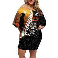 Custom New Zealand Silver Fern Rugby ANZAC Day Family Matching Off Shoulder Short Dress and Hawaiian Shirt 2024 All Black Tiki Mascot LT14 Mom's Dress Black - Polynesian Pride