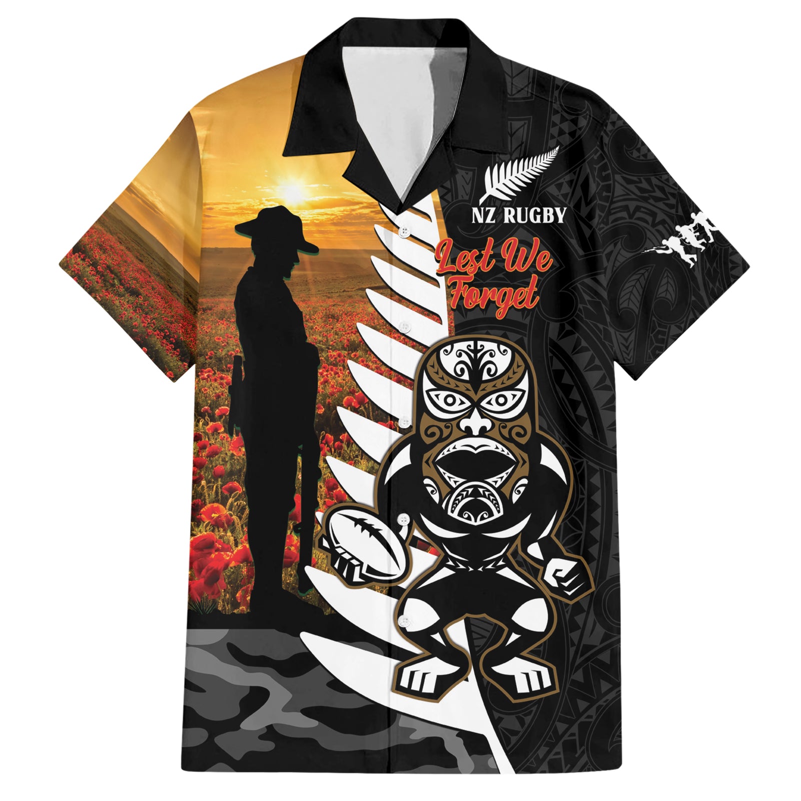 Custom New Zealand Silver Fern Rugby ANZAC Day Hawaiian Shirt 2024 All Black Tiki Mascot LT14 Black - Polynesian Pride