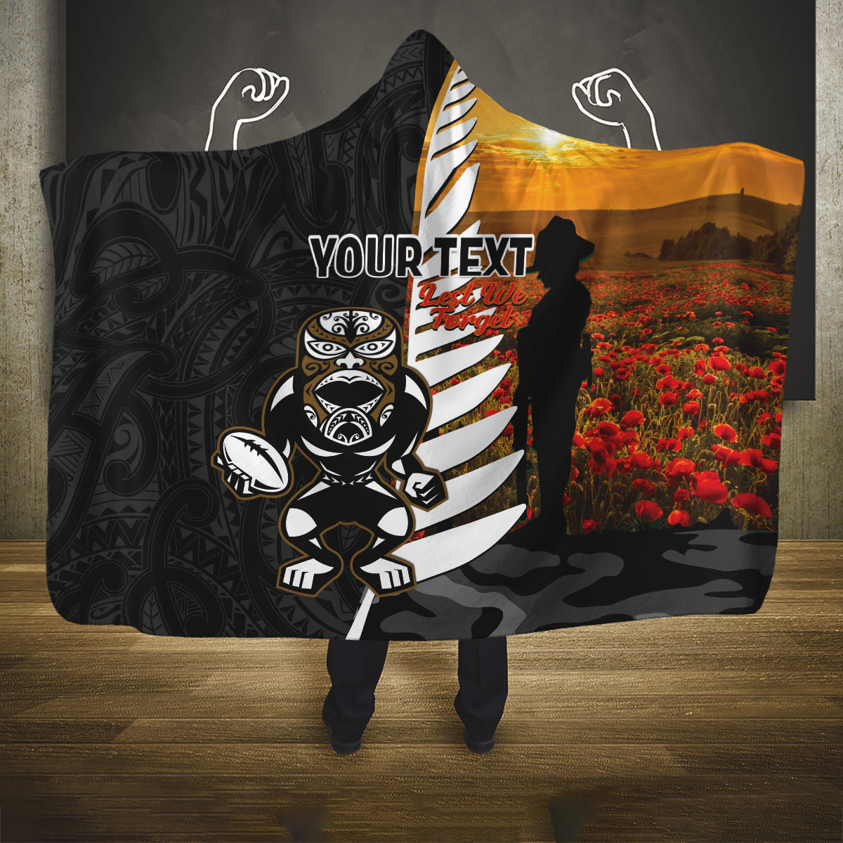 Custom New Zealand Silver Fern Rugby ANZAC Day Hooded Blanket 2024 All Black Tiki Mascot LT14 One Size Black - Polynesian Pride