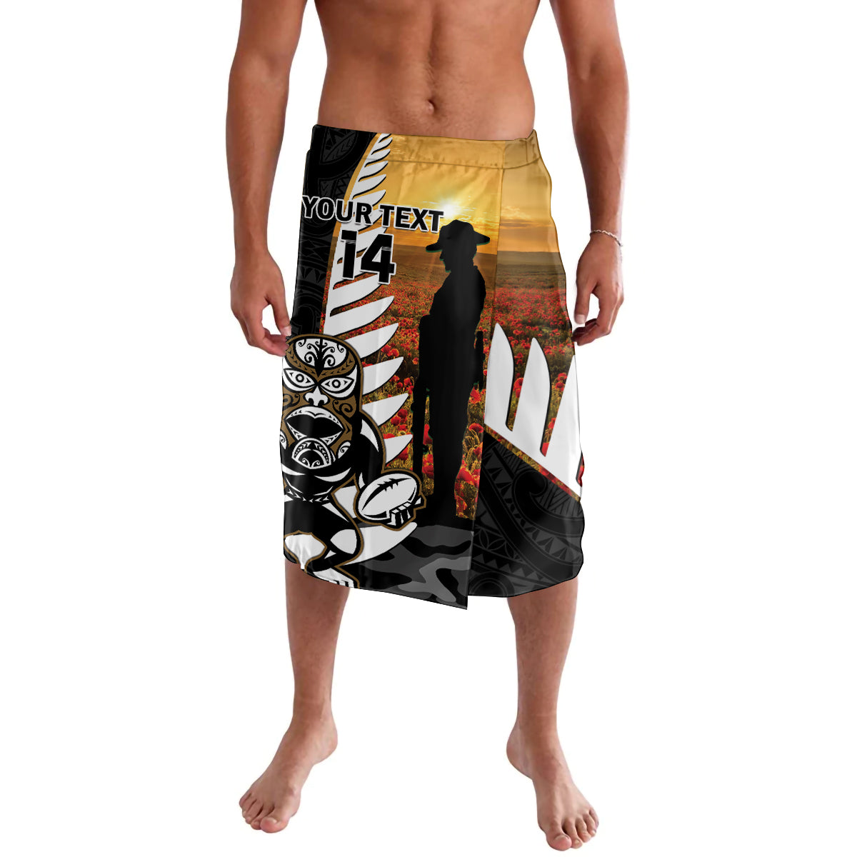 Custom New Zealand Silver Fern Rugby ANZAC Day Lavalava 2024 All Black Tiki Mascot LT14 Black - Polynesian Pride