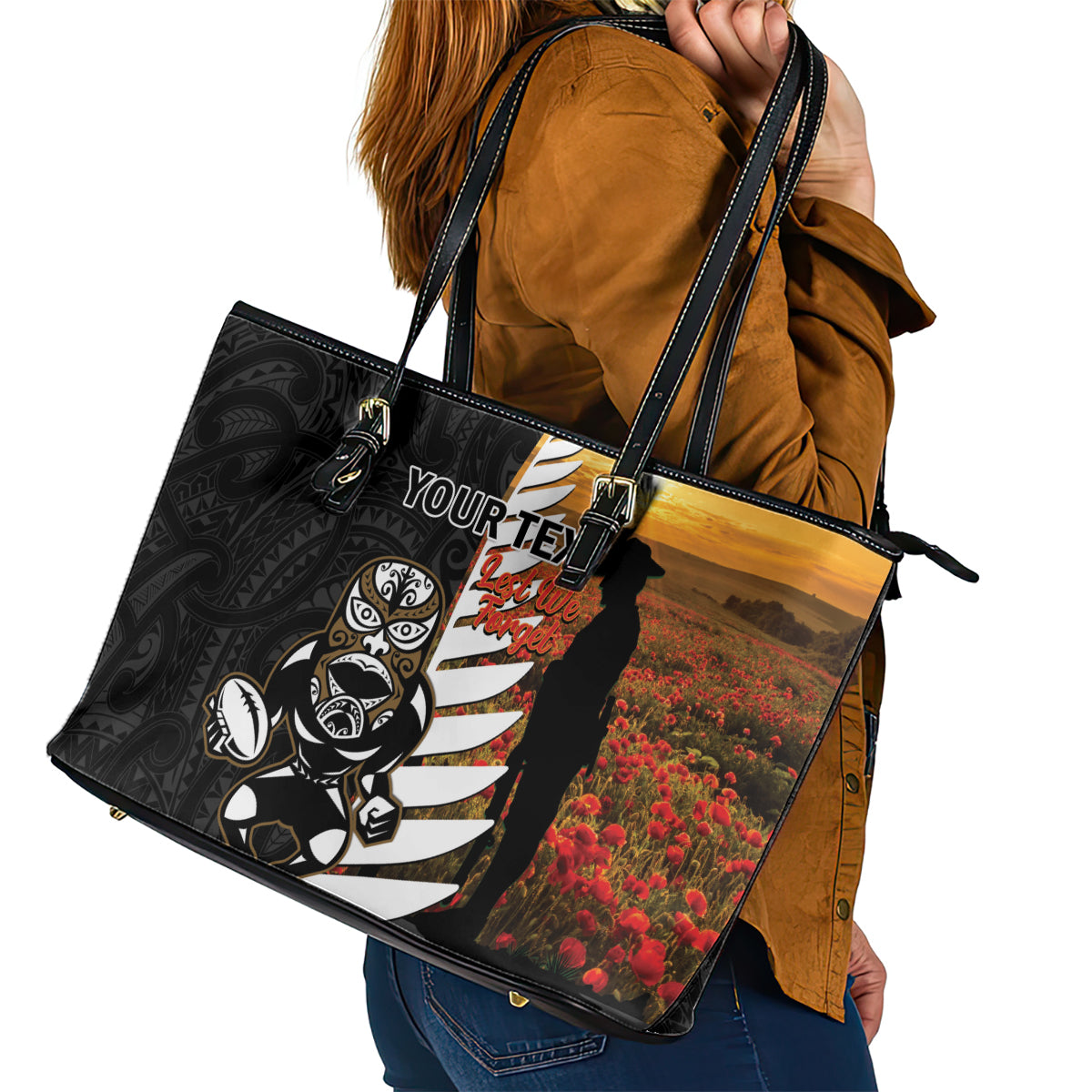 Custom New Zealand Silver Fern Rugby ANZAC Day Leather Tote Bag 2024 All Black Tiki Mascot LT14 - Polynesian Pride