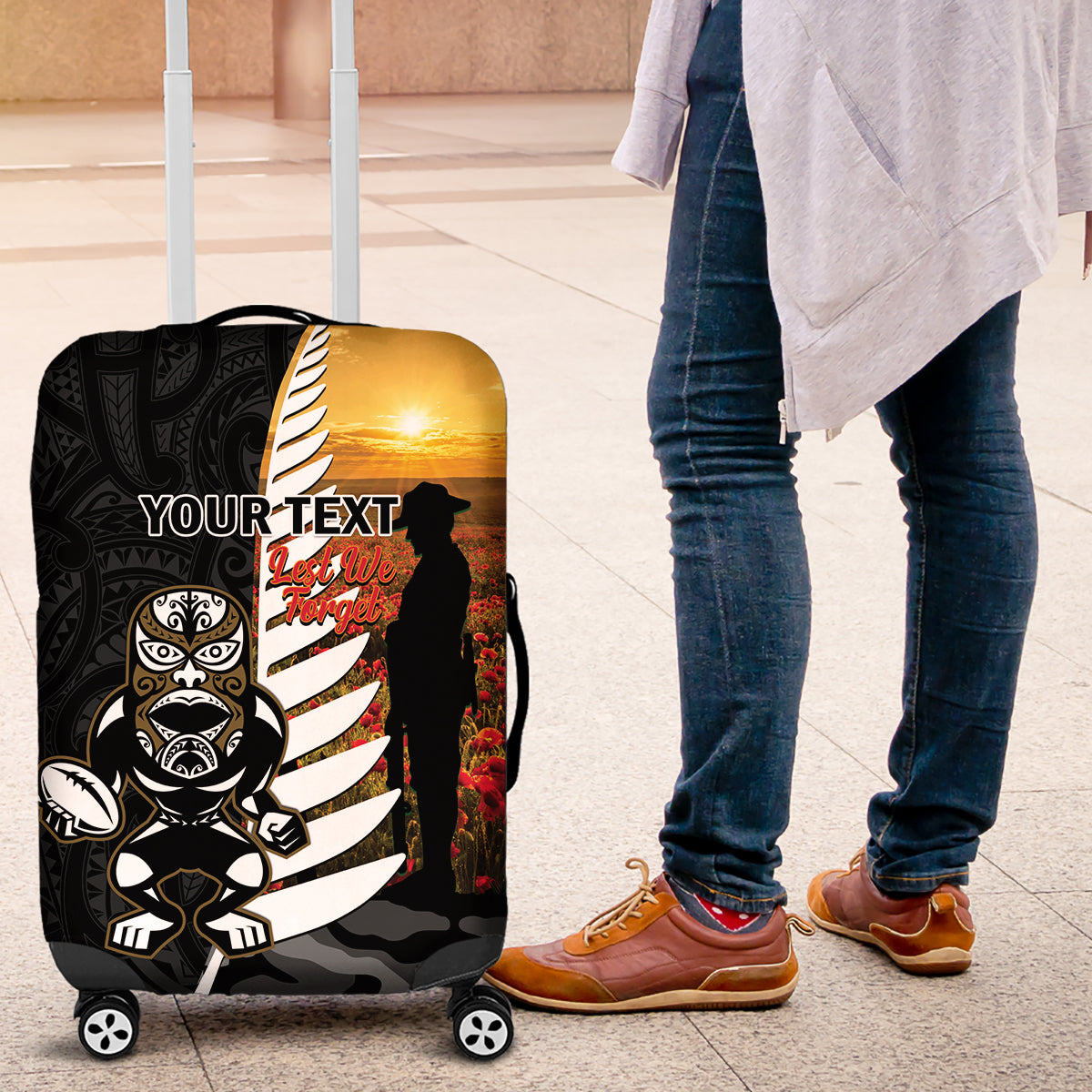 Custom New Zealand Silver Fern Rugby ANZAC Day Luggage Cover 2024 All Black Tiki Mascot LT14 Black - Polynesian Pride