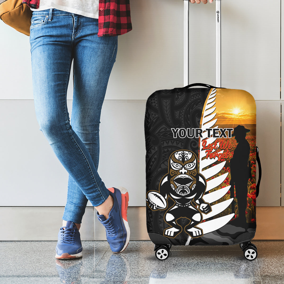 Custom New Zealand Silver Fern Rugby ANZAC Day Luggage Cover 2024 All Black Tiki Mascot LT14 - Polynesian Pride