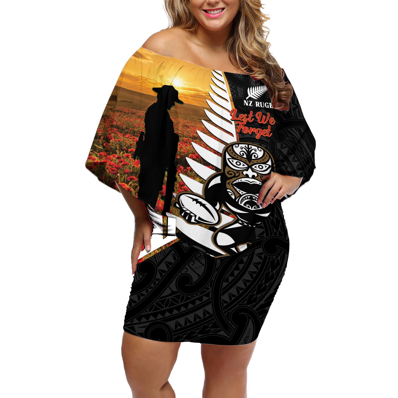 Custom New Zealand Silver Fern Rugby ANZAC Day Off Shoulder Short Dress 2024 All Black Tiki Mascot LT14 Women Black - Polynesian Pride