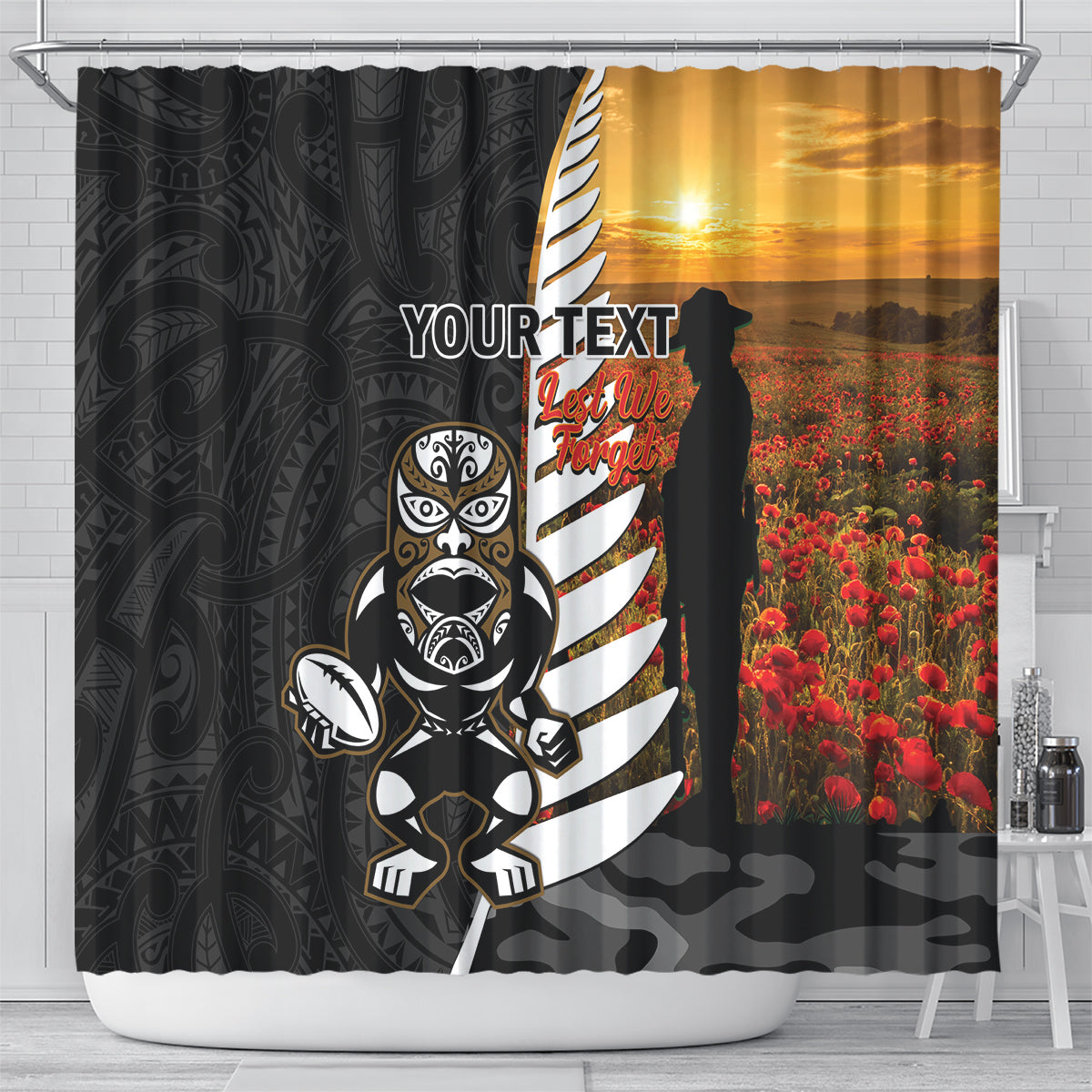 Custom New Zealand Silver Fern Rugby ANZAC Day Shower Curtain 2024 All Black Tiki Mascot