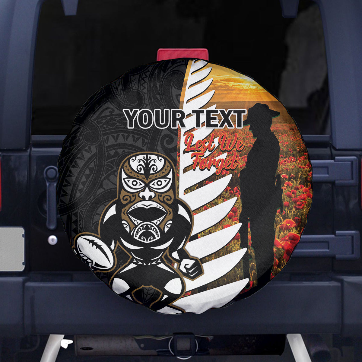 Custom New Zealand Silver Fern Rugby ANZAC Day Spare Tire Cover 2024 All Black Tiki Mascot LT14 - Polynesian Pride