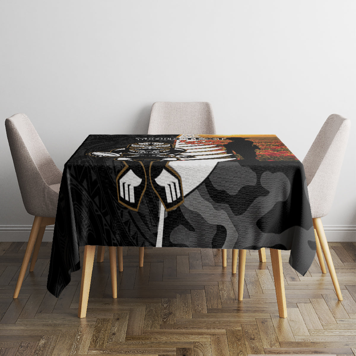 Custom New Zealand Silver Fern Rugby ANZAC Day Tablecloth 2024 All Black Tiki Mascot