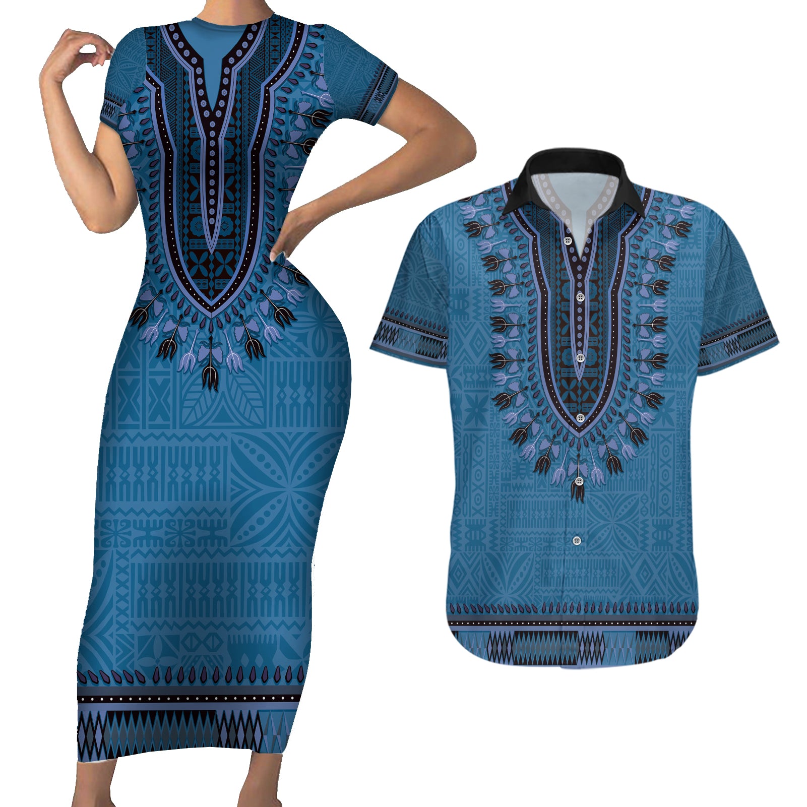 Blue African Dashiki With Fijian Tapa Pattern Couples Matching Short Sleeve Bodycon Dress and Hawaiian Shirt