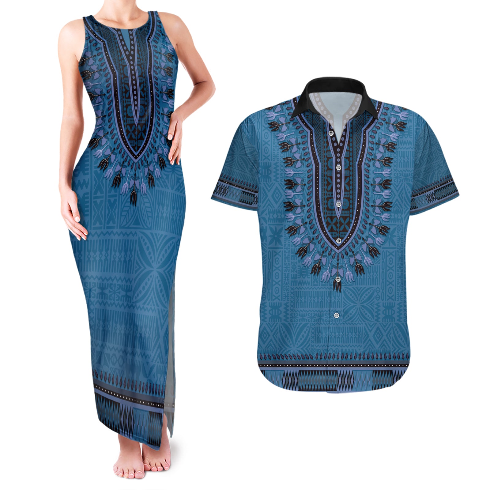 Blue African Dashiki With Fijian Tapa Pattern Couples Matching Tank Maxi Dress and Hawaiian Shirt
