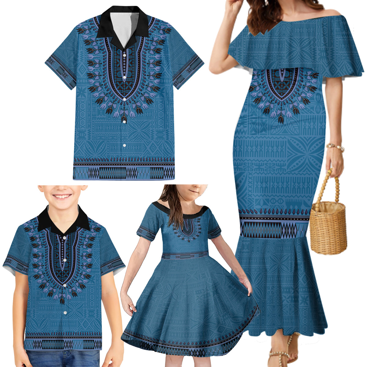 Blue African Dashiki With Fijian Tapa Pattern Family Matching Mermaid Dress and Hawaiian Shirt LT14 - Polynesian Pride