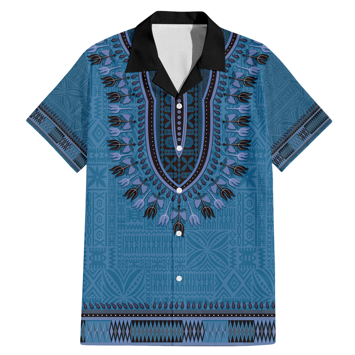 Blue African Dashiki With Fijian Tapa Pattern Family Matching Mermaid Dress and Hawaiian Shirt LT14 Dad's Shirt - Short Sleeve Blue - Polynesian Pride