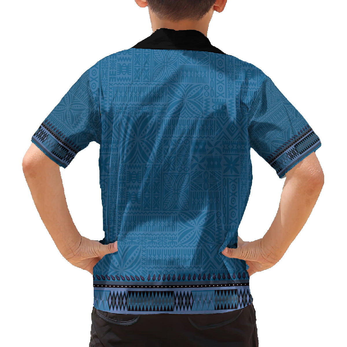 Blue African Dashiki With Fijian Tapa Pattern Family Matching Off Shoulder Short Dress and Hawaiian Shirt