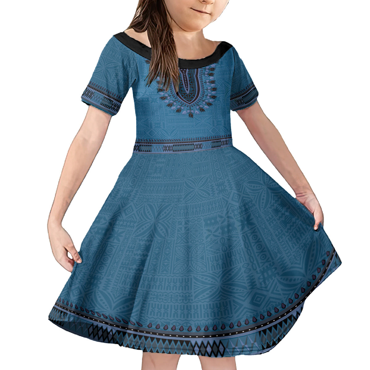 Blue African Dashiki With Fijian Tapa Pattern Family Matching Off Shoulder Short Dress and Hawaiian Shirt