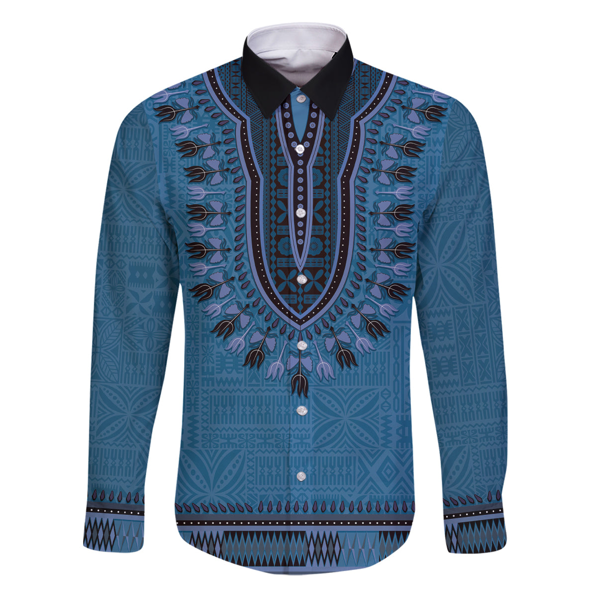 Blue African Dashiki With Fijian Tapa Pattern Family Matching Off Shoulder Short Dress and Hawaiian Shirt