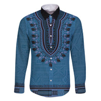 Blue African Dashiki With Fijian Tapa Pattern Family Matching Off Shoulder Short Dress and Hawaiian Shirt