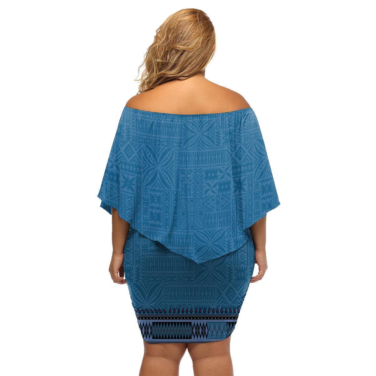 Blue African Dashiki With Fijian Tapa Pattern Family Matching Off Shoulder Short Dress and Hawaiian Shirt