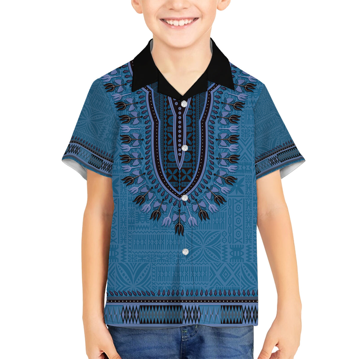 Blue African Dashiki With Fijian Tapa Pattern Family Matching Off Shoulder Short Dress and Hawaiian Shirt