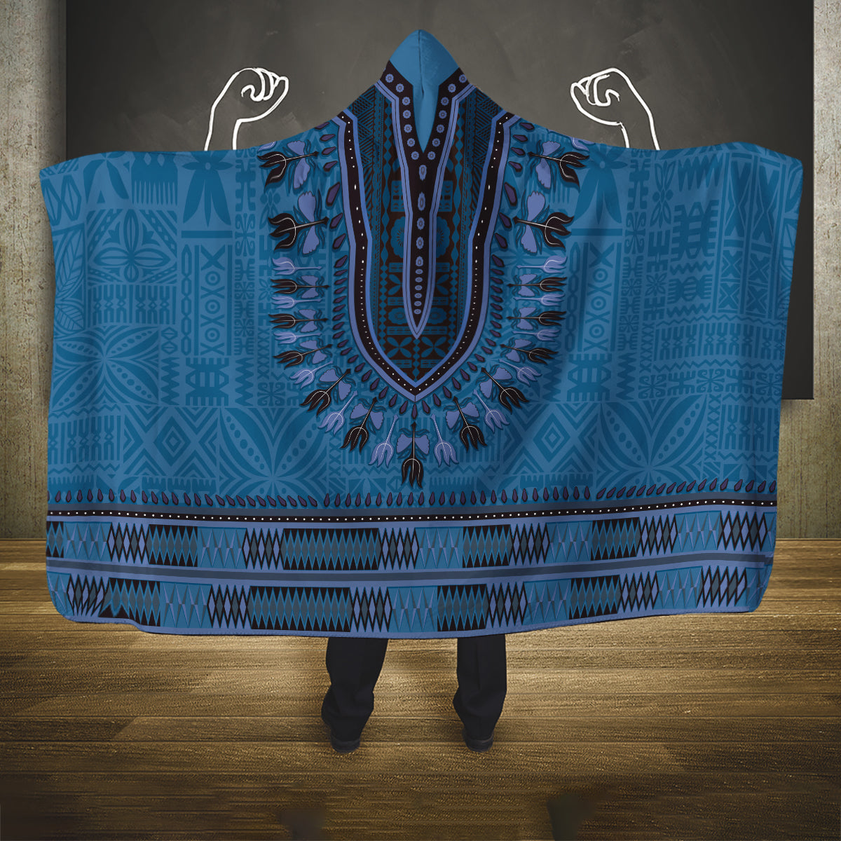 Blue African Dashiki With Fijian Tapa Pattern Hooded Blanket