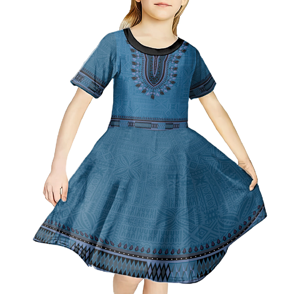 Blue African Dashiki With Fijian Tapa Pattern Kid Short Sleeve Dress