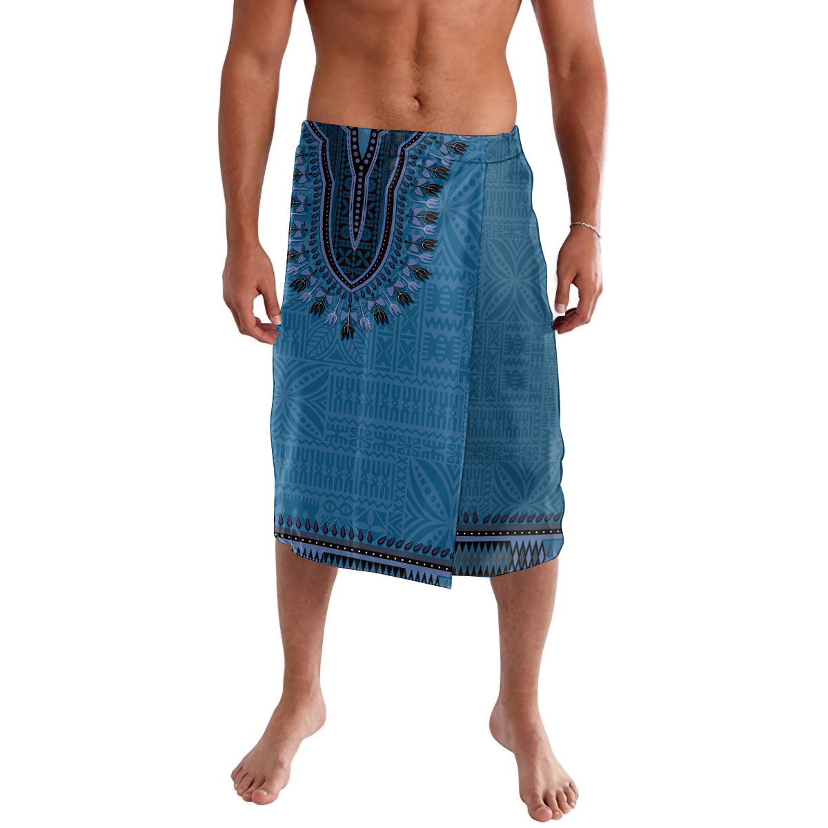 Blue African Dashiki With Fijian Tapa Pattern Lavalava