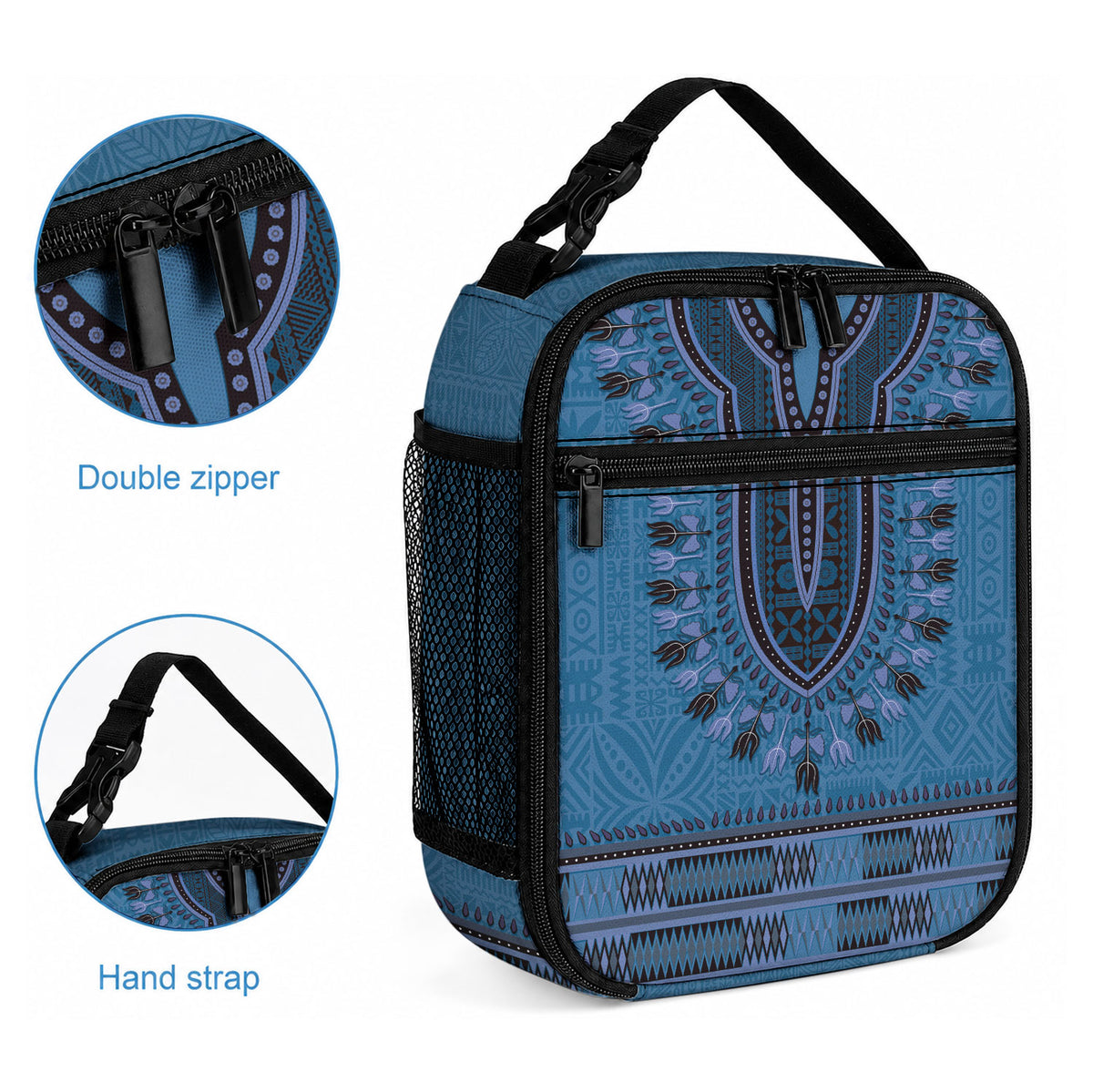 Blue African Dashiki With Fijian Tapa Pattern Lunch Bag LT14 - Polynesian Pride