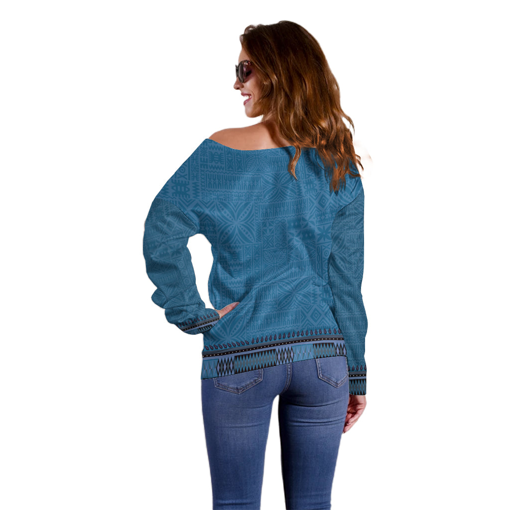 Blue African Dashiki With Fijian Tapa Pattern Off Shoulder Sweater