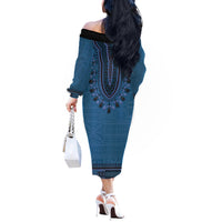 Blue African Dashiki With Fijian Tapa Pattern Off The Shoulder Long Sleeve Dress