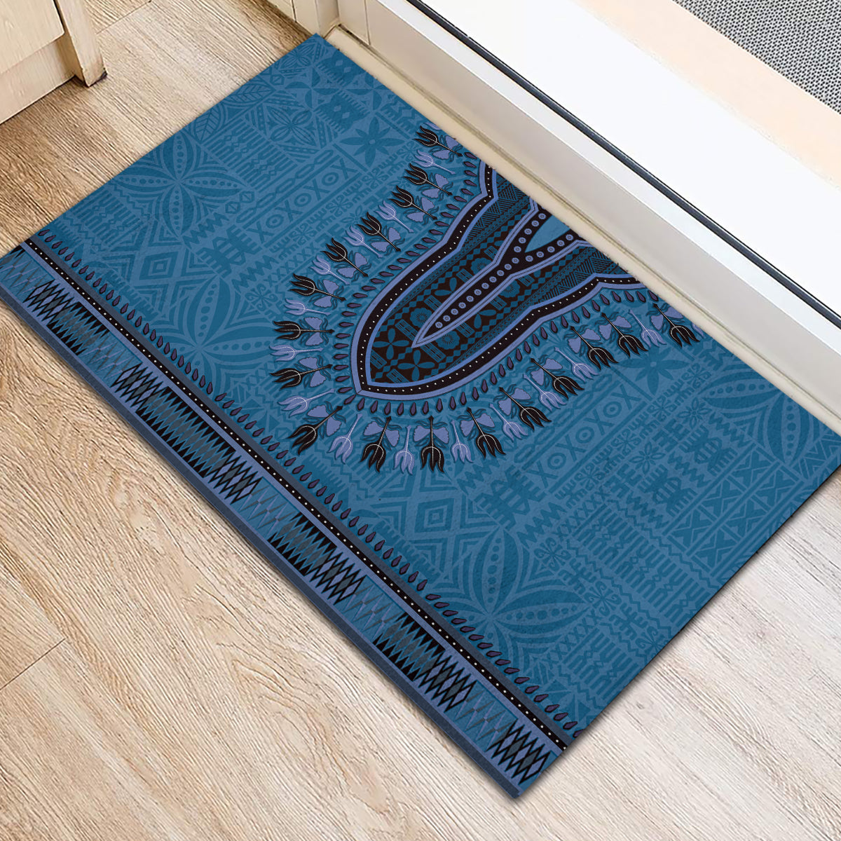 Blue African Dashiki With Fijian Tapa Pattern Rubber Doormat